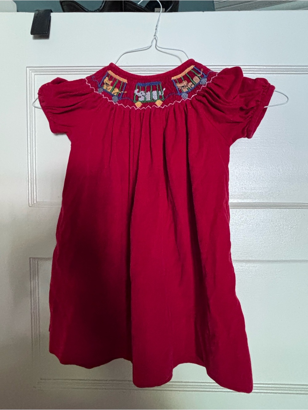 Girls' Red Smocked Short-Sleeve Dress with Embroidered Yoke
